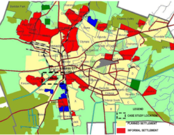 A map of planned and informal settlements in Lusaka, showing informal settlements concentrated in the northwest of the city.