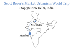 A map showing Scott Beyer's destination of New Delhi in India.