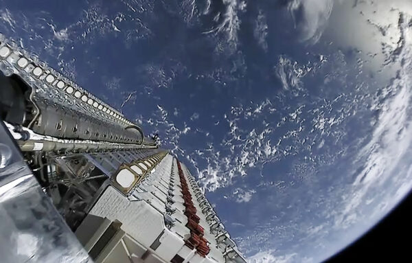A collection of Starlink satellites viewed from space.